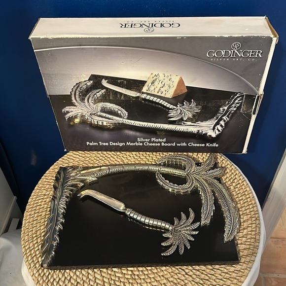 New Godinger Silver Art Black Marble Cutting Board W/Silver Plated Palm Tree - Picture 1 of 6
